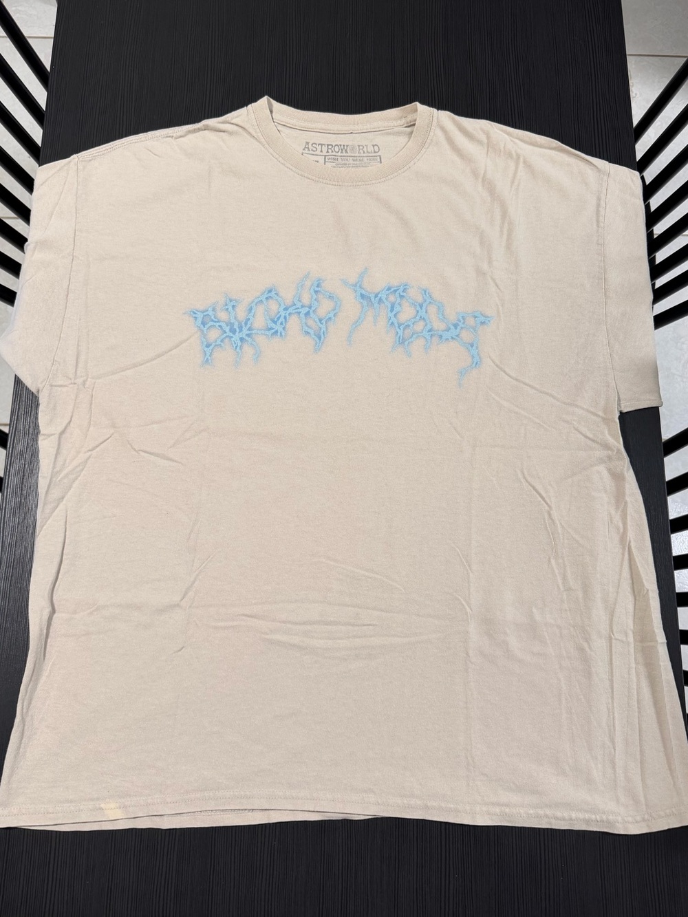 Astroworld Travis Scott Cream Graphic Tee with Blue Logo